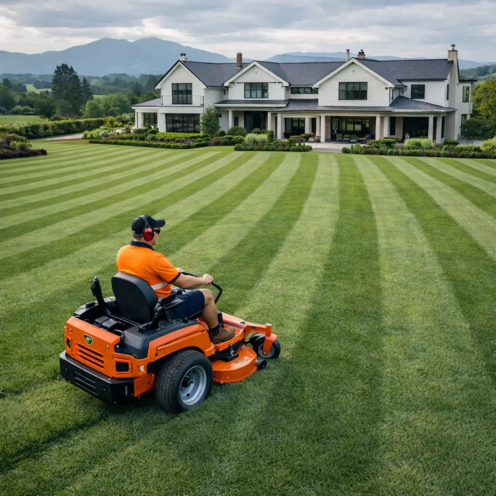 Freshly mown large residential lawn with striped finish