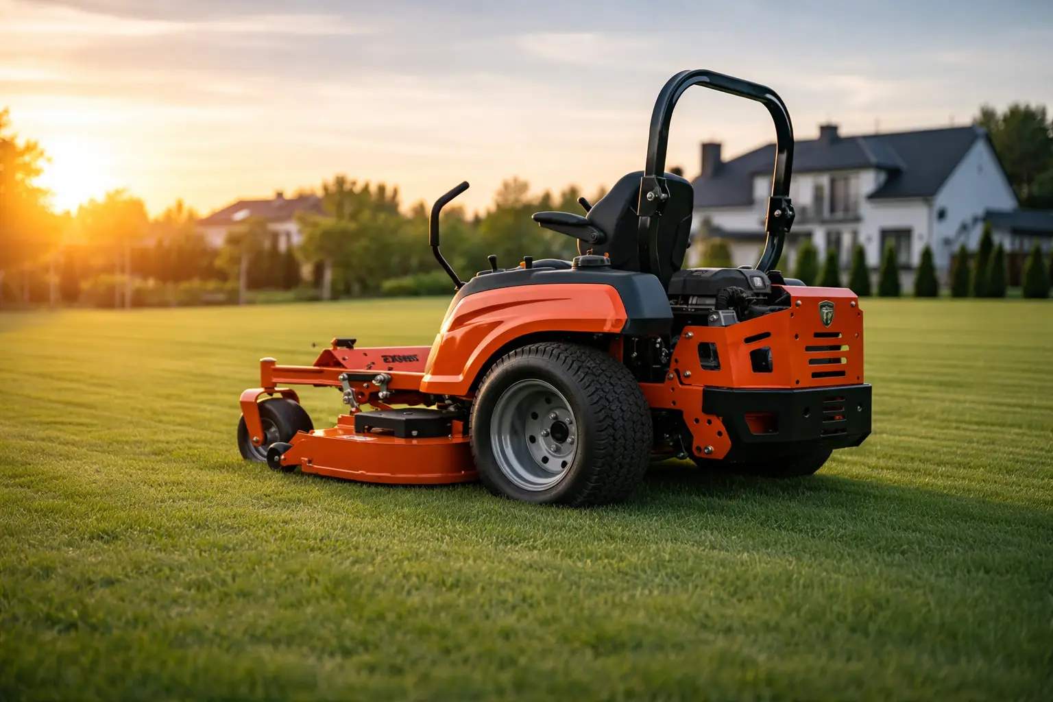 Professional ride-on mower on beautiful lawn